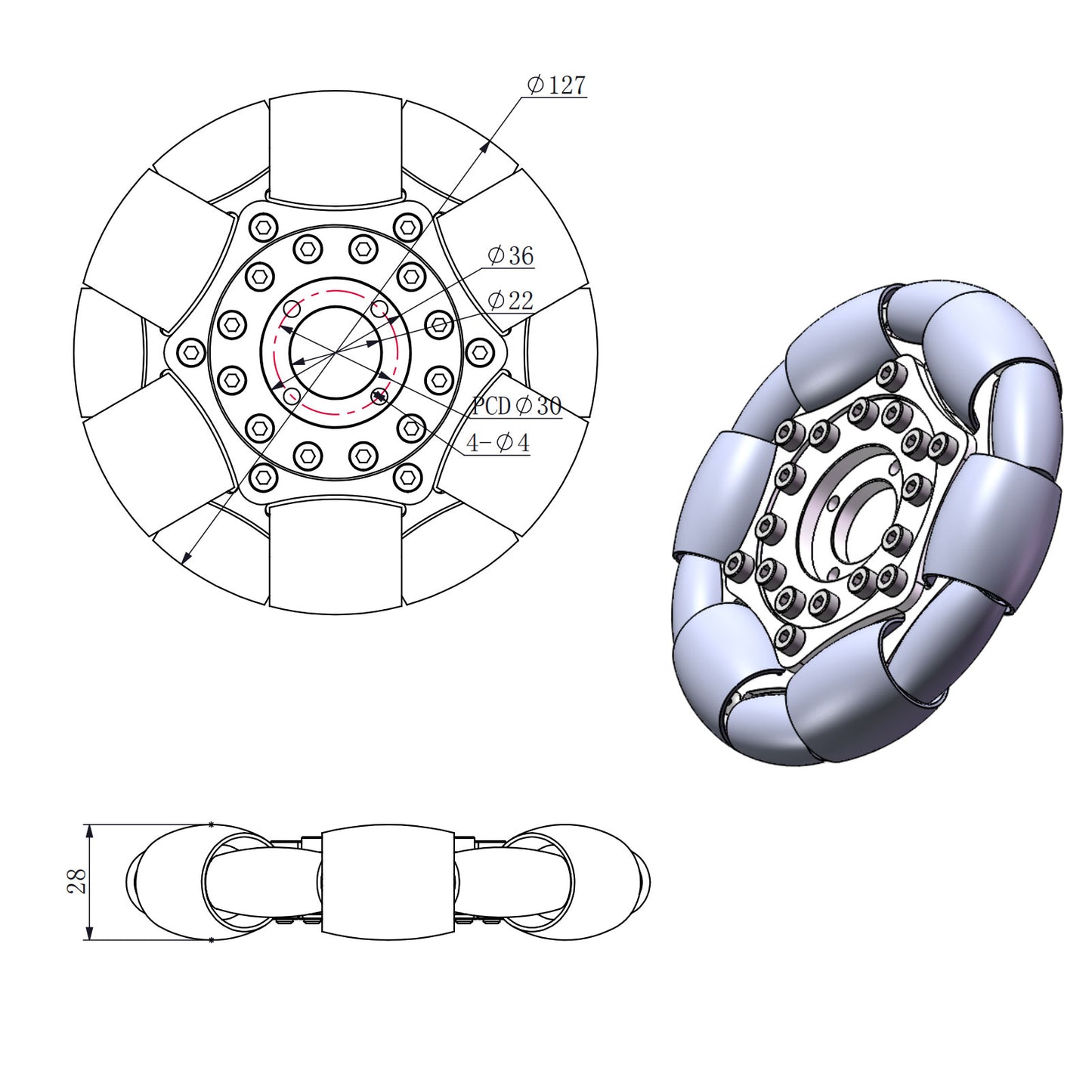 127mm 20kg Aluminum single Omni wheel