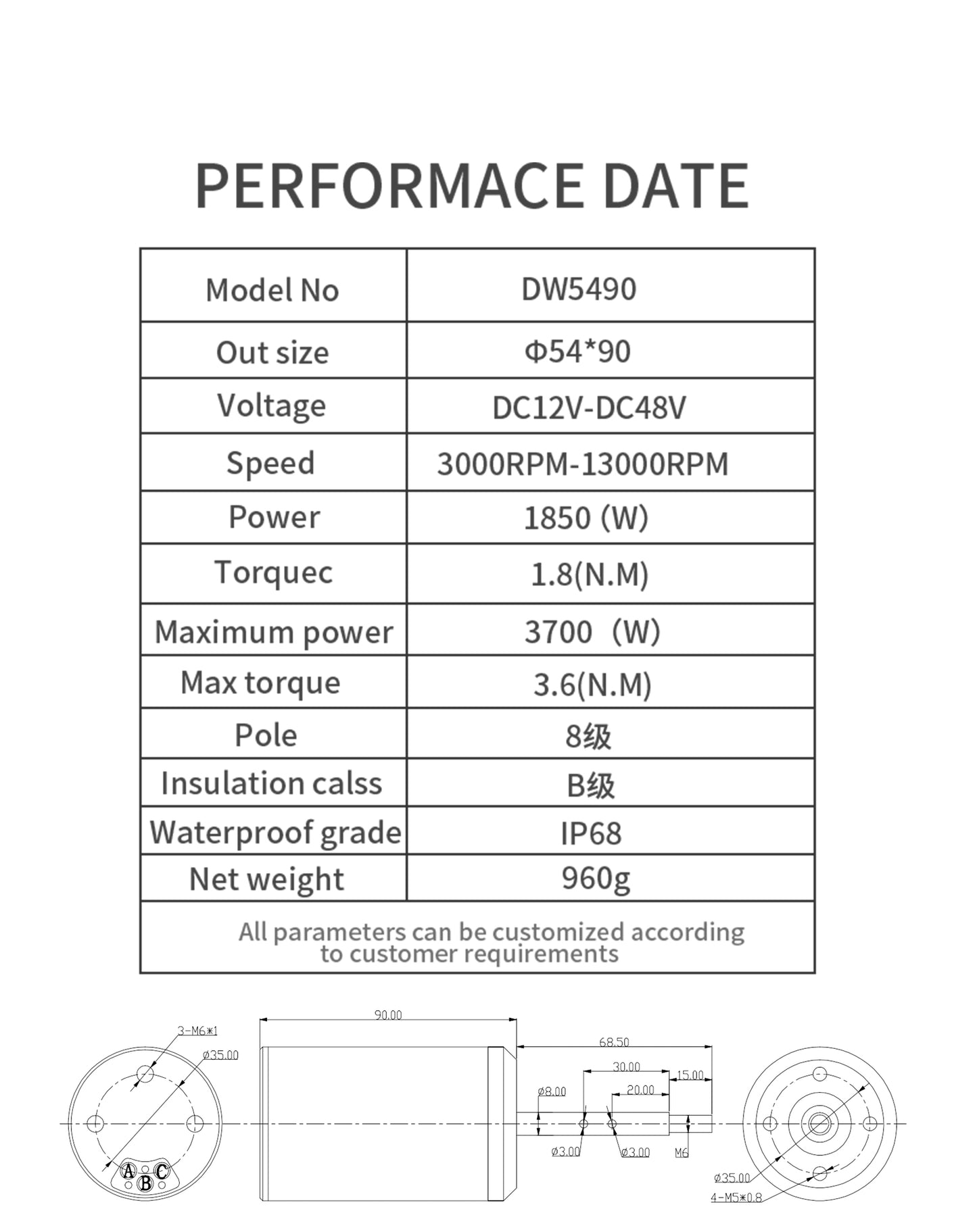 DW 5490 Waterproof Brushless Motor 24V 1680W 200KV